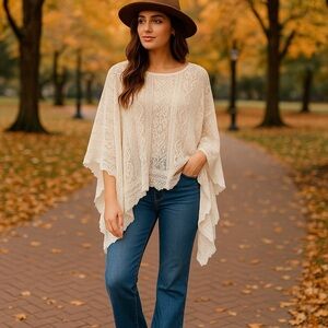 Collection Eighteen Off White Lace Boho Poncho Top OS
